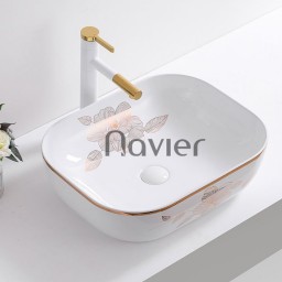 Chậu Lavabo Đặt Bàn Vuông Giác Cạnh Viền Vàng Họa Tiết Hoa Navier NV-435H