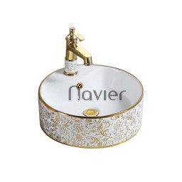 Chậu lavabo tròn đặt bàn hoa văn vàng Navier NV-406