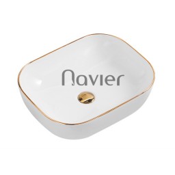 Chậu Lavabo Vuông Giác Cạnh Đặt Bàn Sứ Trắng Viền Vàng Cao Cấp Navier NV-435TV