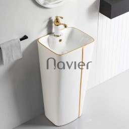 Chậu lavabo Vuông Đứng Đặt Sàn Viền Vàng Navier NV-345