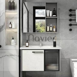 Bộ Tủ Chậu Lavabo Nhôm Cánh Kính Kèm Tủ Gương Trắng Navier NV-536T60