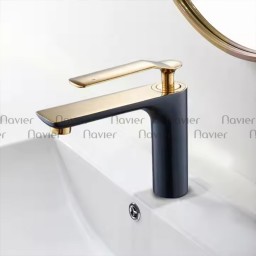 Vòi lavabo nóng lạnh đồng thau đen tay gạt mạ vàng Navier NV-743