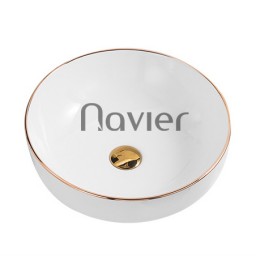 Chậu lavabo đặt bàn tròn sứ trắng viền vàng Navier NV-339