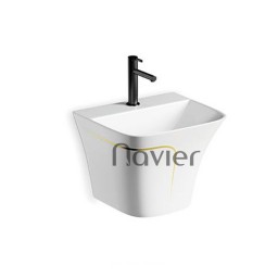 Chậu lavabo liền khối vuông treo tường trắng viền vàng Navier NV-422V