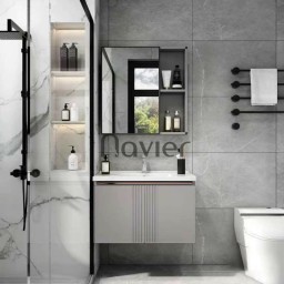 Bộ Tủ Chậu Lavabo Nhôm Kèm Tủ Gương Xám Navier NV-537X60