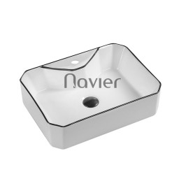 Chậu Lavabo Đặt Bàn Trắng Vuông Viền Đen Tích Hợp Lỗ Vòi Navier NV-353