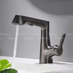 Vòi lavabo nóng lạnh đầu dây rút thân xoay 360 xám Navier NV-635X