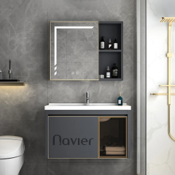 Bộ Tủ Chậu Lavabo Nhôm Đen Viền Vàng Liền Gương LED Navier NV-527