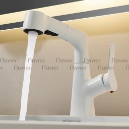 Vòi lavabo nóng lạnh đầu dây rút thân xoay 360 trắng Navier NV-635T